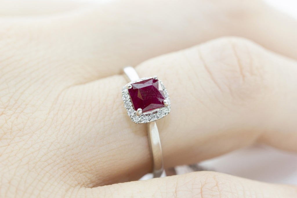 Ruby and Diamond Halo 18K White Gold Ring
