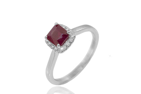 Ruby and Diamond Halo 18K White Gold Ring