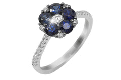 Blue Sapphire and Diamond Flower 18K White Gold Ring