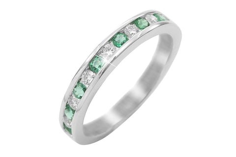 Half Way Channel Set Emerald and Diamond 18K White Gold Ring