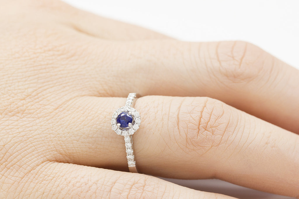 Blue Sapphire and Diamond Halo 18K White Gold Ring