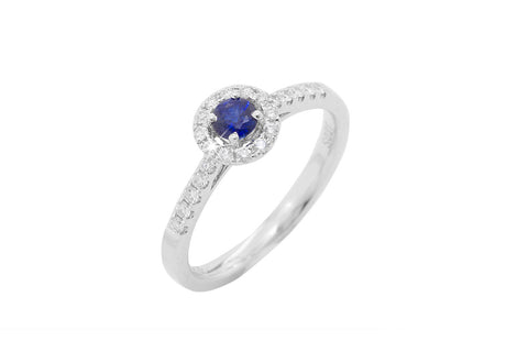 Blue Sapphire and Diamond Halo 18K White Gold Ring