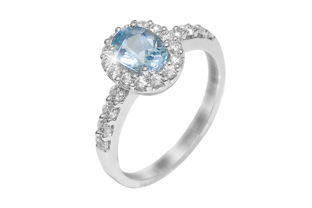 Aquamarine and Diamond Halo 18K White Gold Ring