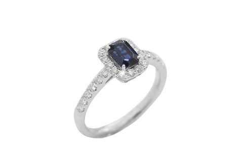 Emerald Cut Blue Sapphire and Diamond Halo 18K White Gold Ring - OUT OF STOCK