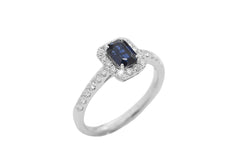 Emerald Cut Blue Sapphire and Diamond Halo 18K White Gold Ring - OUT OF STOCK