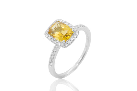 Rectangular Cut Citrine and Diamond Halo 18K White Gold Ring