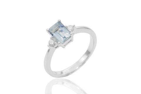 Baguette Cut Aquamarine and Diamond 18K White Gold Ring