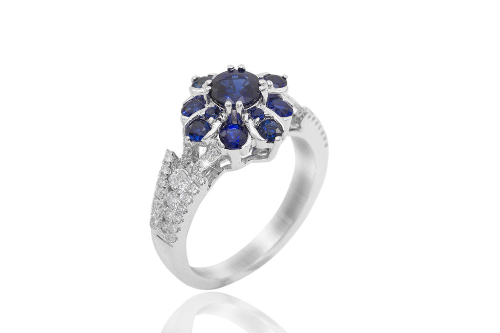 Blue Sapphire and Diamond Fancy 18K White Gold Ring