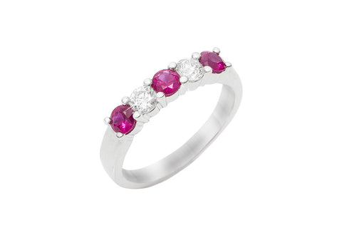 Five Stone Ruby and Diamond 18K White Gold Ring