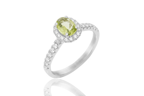 Peridot and Diamond Halo 18K White Gold Ring