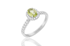 Peridot and Diamond Halo 18K White Gold Ring