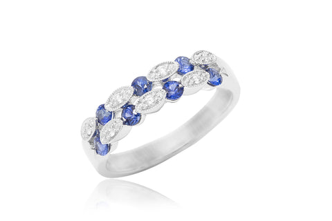 Two Row Blue Sapphire and Diamond 18K White Gold Ring