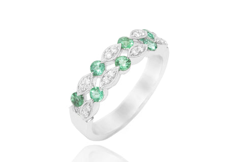 Two Row Emerald and Diamond 18K White Gold Ring - OUT OF STOCK