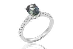 Blue-Green and  Diamond 18K White Gold Ring