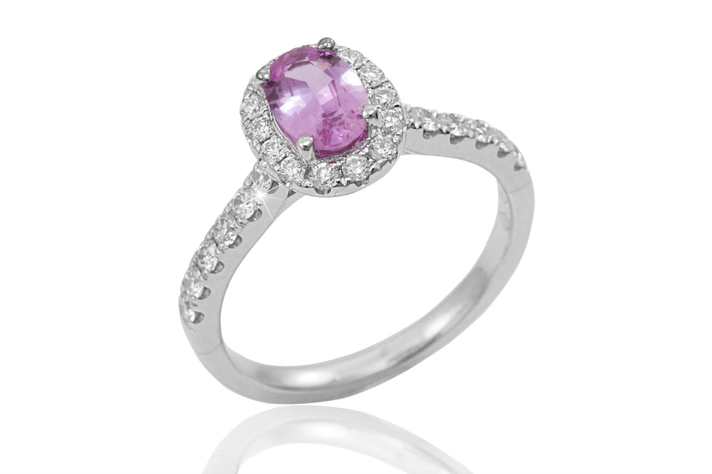 Pink Sapphire and Diamond Halo 18K White Gold Ring - OUT OF STOCK
