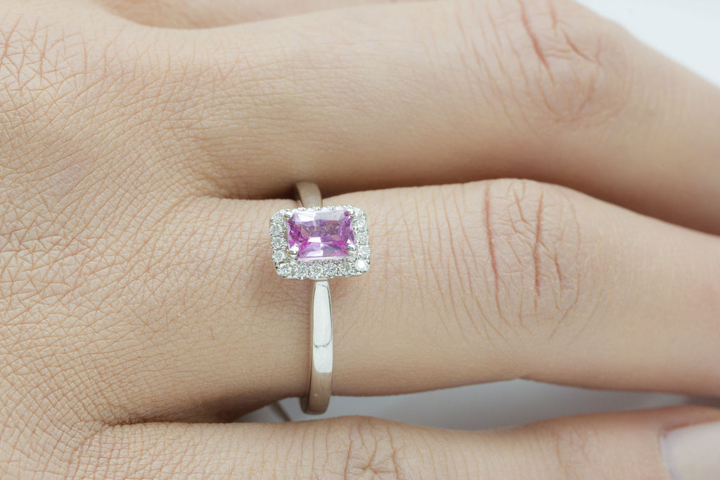 Pink Sapphire and Diamond Halo 18K White Gold Ring