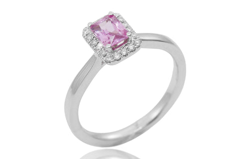 Pink Sapphire and Diamond Halo 18K White Gold Ring