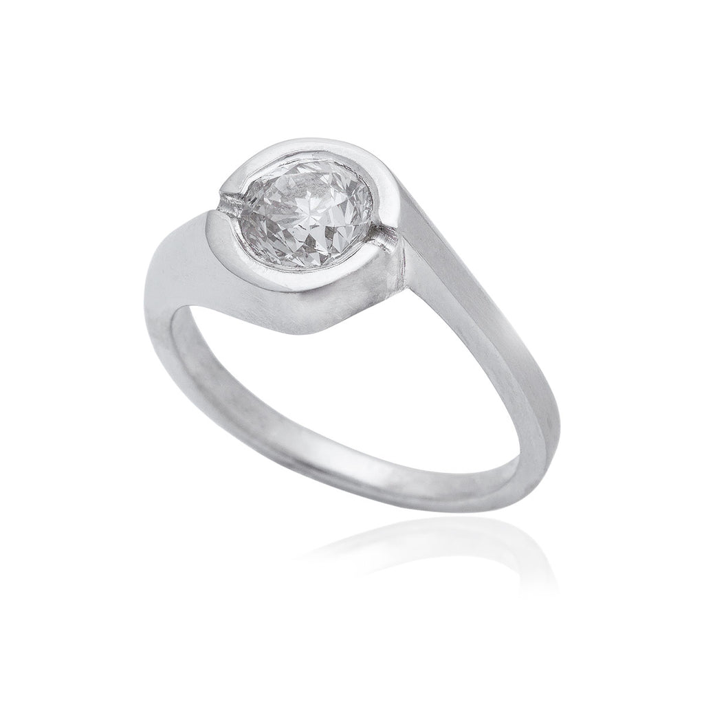 1.01 Carat Semi Rub-Over 18K White Gold Diamond Engagement Ring on Twisted Band