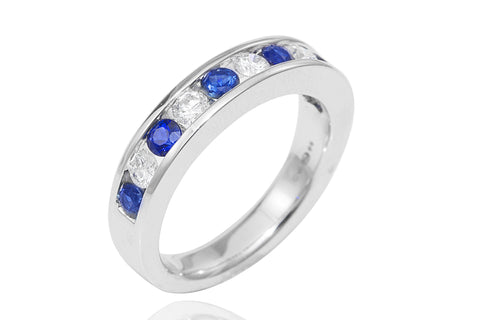 Blue Sapphire and Diamond Round Cut  Half Eternity 18K White Gold Ring