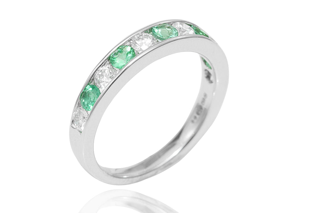 Round Cut Emerald and Diamond Half Eternity 18K White Gold Ring