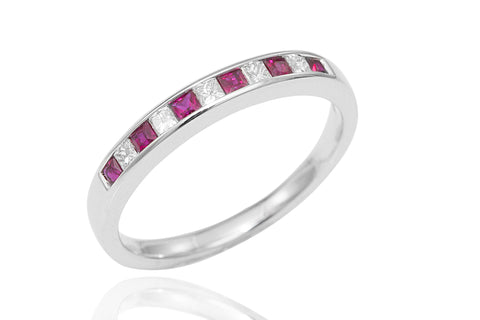 Princess Cut Ruby and Diamond Half Eternity 18K White Gold Ring