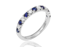 Round Cut Blue Sapphire and Diamond Half Eternity 18K White Gold Ring