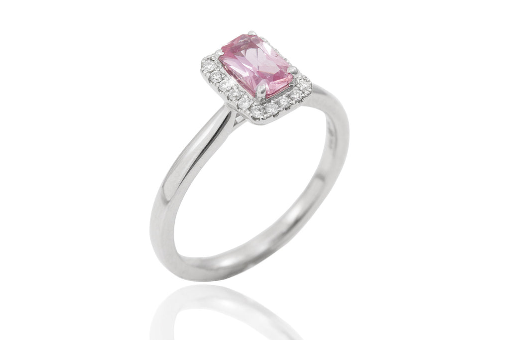 Pink Sapphire and Diamond Square Halo 18K White Gold Ring - OUT OF STOCK