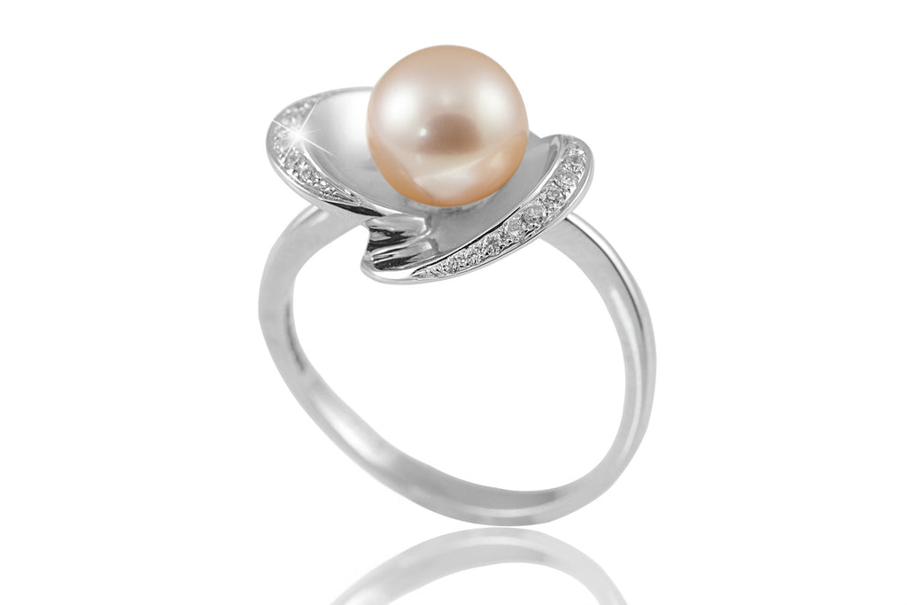 Pink Pearl and Diamond Flower Design 18K White Gold Ring