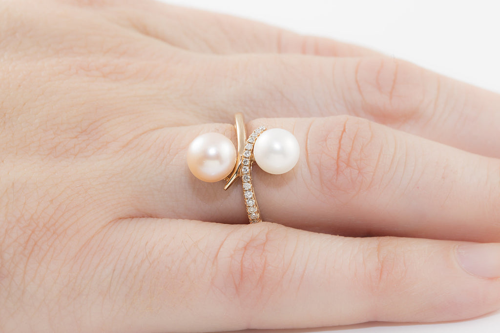 Pink & White Two Colour Pearl and Diamond 18K Rose Gold Ring