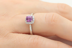 Purple Pink Sapphire and Diamond Halo 18K White Gold Ring