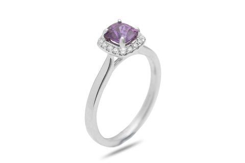 Purple Pink Sapphire and Diamond Halo 18K White Gold Ring