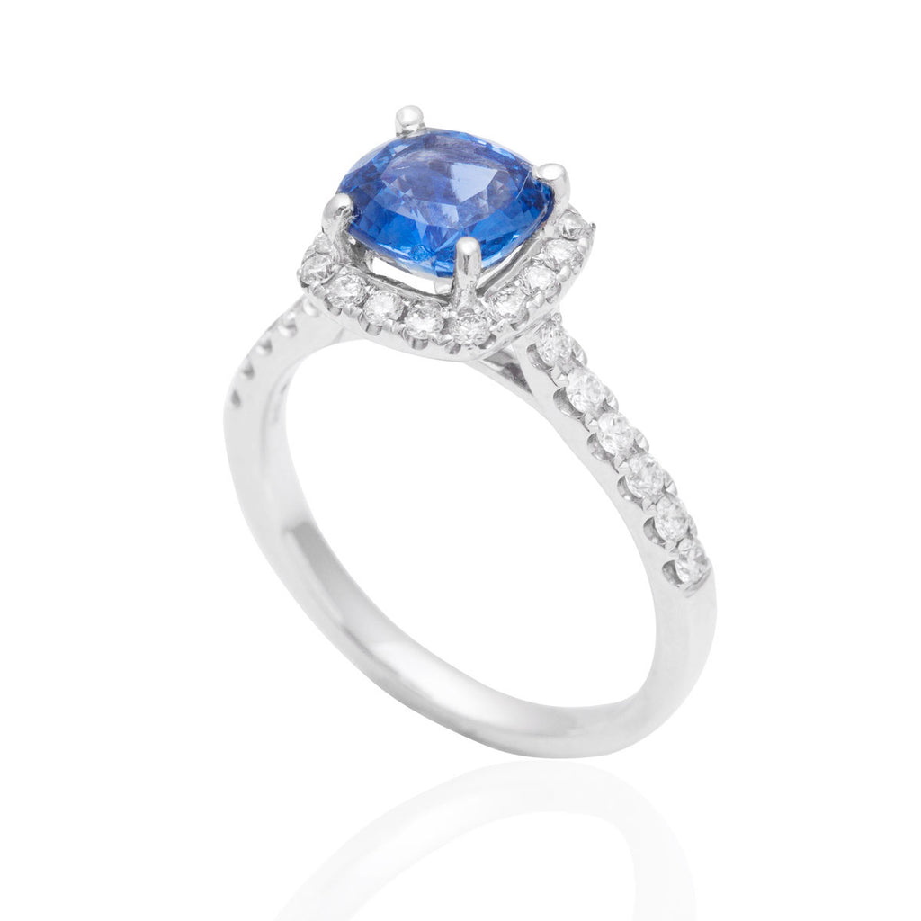 Blue Sapphire and Diamond Engagement 18K White Gold Ring