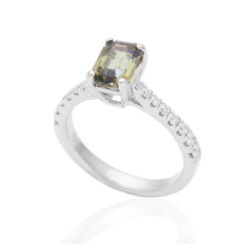 Green/Brown Sapphire and Diamond Engagement 18K White Gold Ring