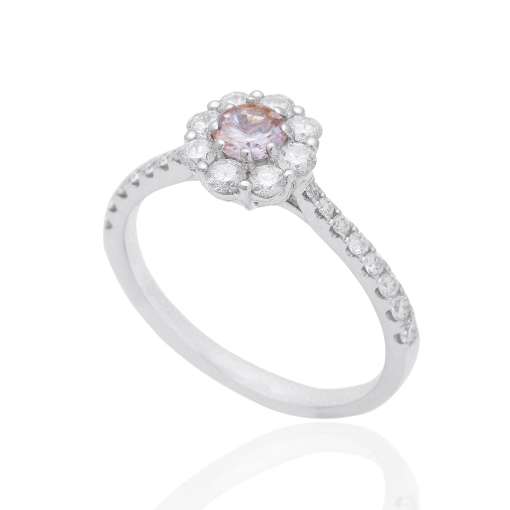 Peach Sapphire and Diamond Cluster Engagement 18K White Gold Ring