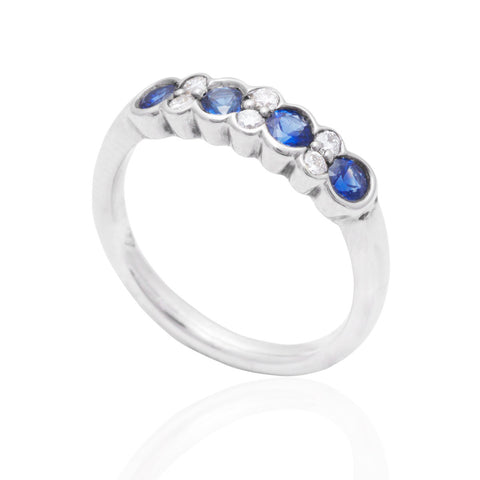 Blue Sapphire and Diamond Rub-Over 18K White Gold Ring