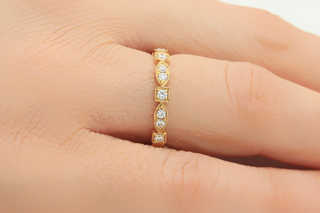 Milgrain Art Deco Style Diamond 18K Yellow Gold 3mm Wedding Ring