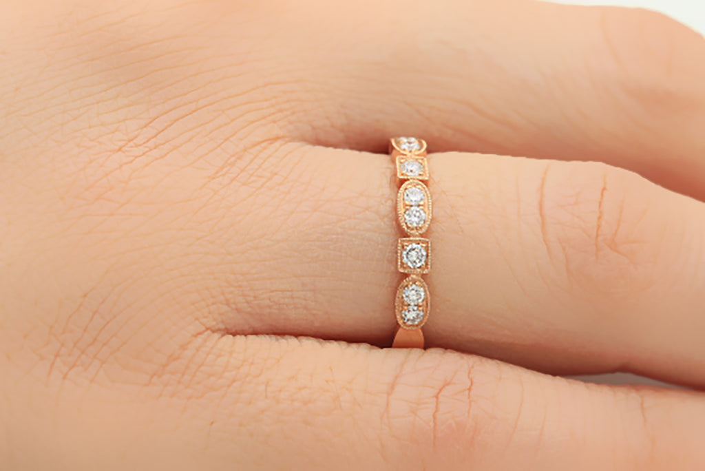 Milgrain Art Deco Style Diamond 18K Rose Gold 3mm Wedding Ring