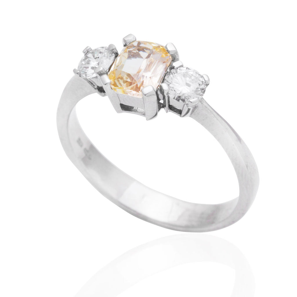 Peach Sapphire and Diamond Trilogy 18K White Gold Ring