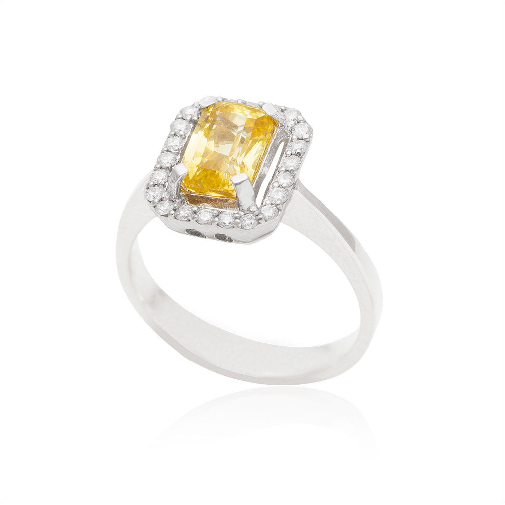 Yellow Sapphire and Diamond Rectangular Cut 18K White Gold Ring