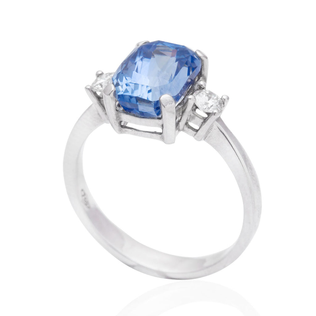 Blue Sapphire and Diamond Rectangular Cut 18K White Gold Ring