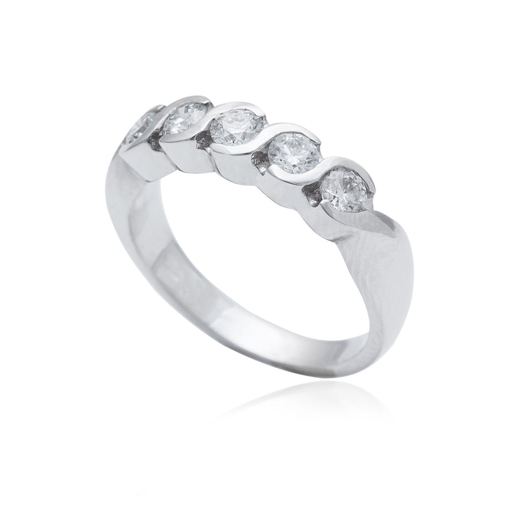 0.81 Carat 5 Stone Semi Rub Over 18K White Gold Diamond Ring
