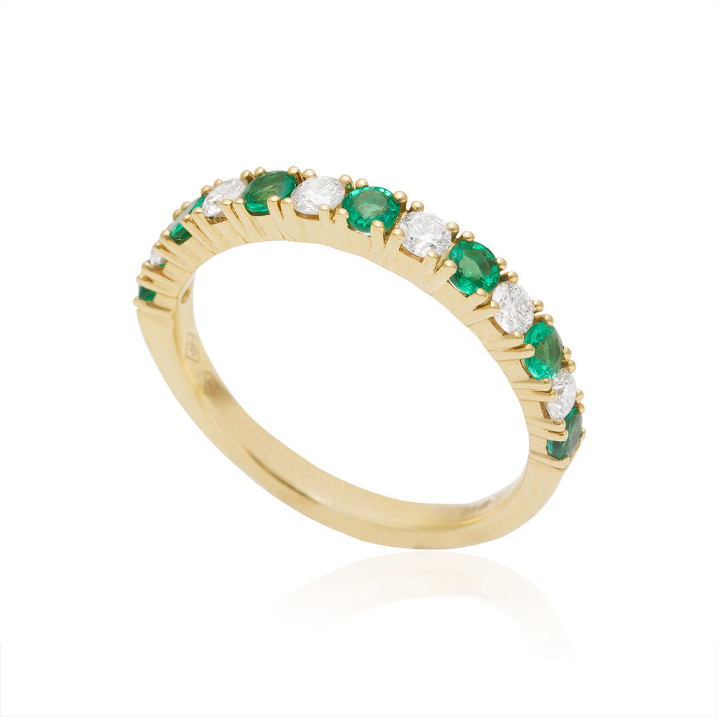 Emerald and Diamond Half Eternity 18K Yellow Gold Ring