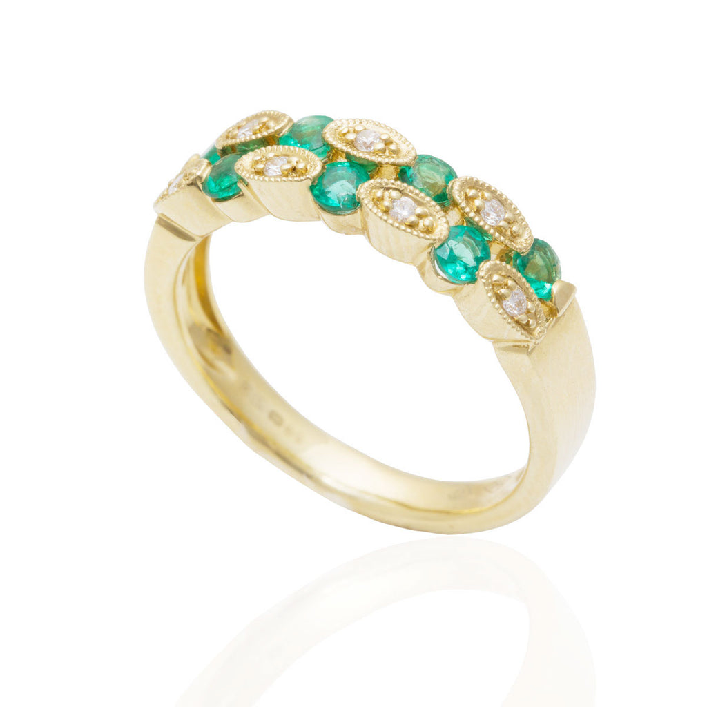 Emerald and Diamond Two Row Mill Grain Set 18K Yellow Gold Ring