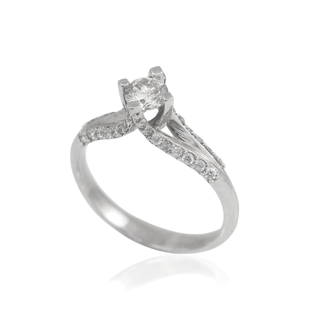 0.45 Center, 0.38 Carat Side Stones Split Shank 18K White Gold Diamond Engagement Ring