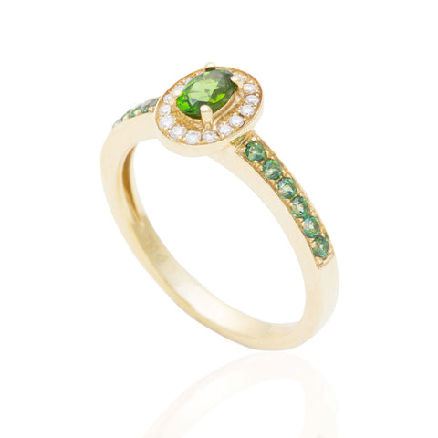 Chrome Diopside and Diamond Halo Engagement 18K Yellow Gold Ring