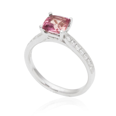 Pink Sapphire and Diamond Engagement 18K White Gold Ring