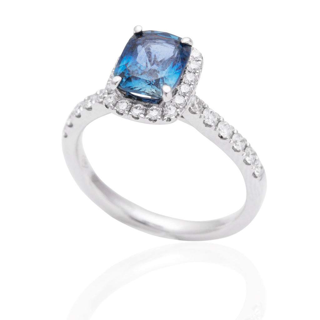 Blue Topaz and Diamond Halo Engagement 18K White Gold Ring OUT OF STOCK