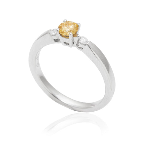 Yellow and White Diamond Trilogy Engagement 18K White Gold Ring