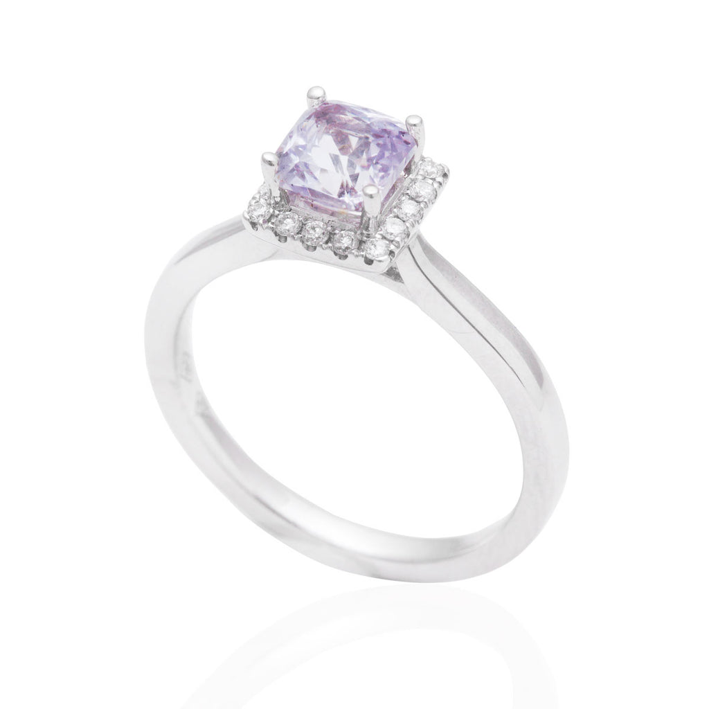 Square Cut Lilac Sapphire and Diamond Halo 18K White Gold Ring