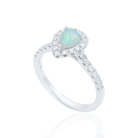 Opal and Halo 18K White Gold Diamond Ring